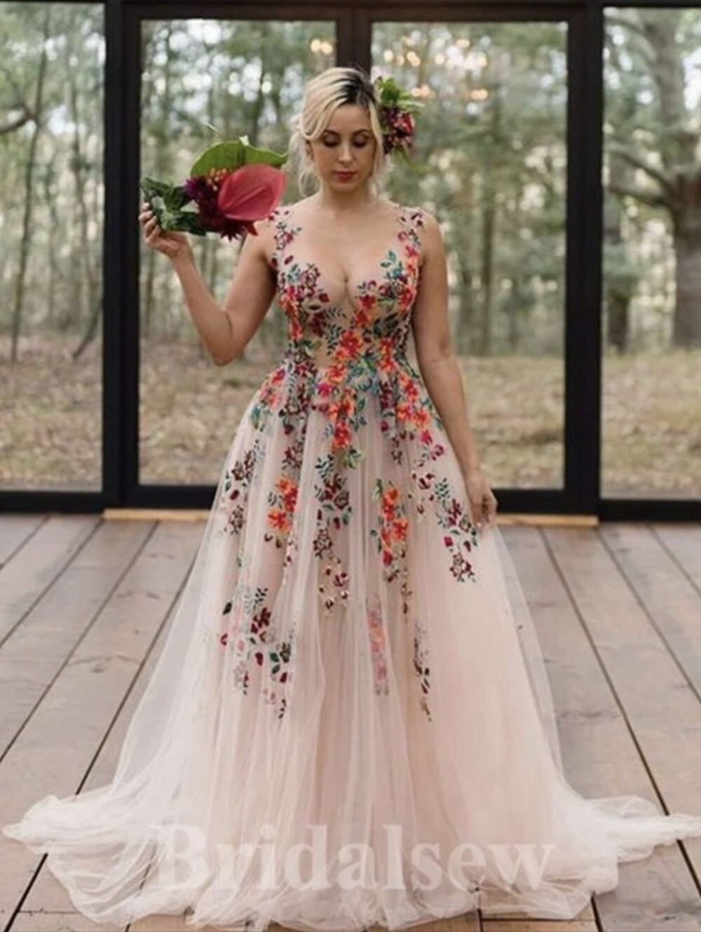 Bridalsew Wedding or Prom Dress Gown Formal A-line Unique Design Applique